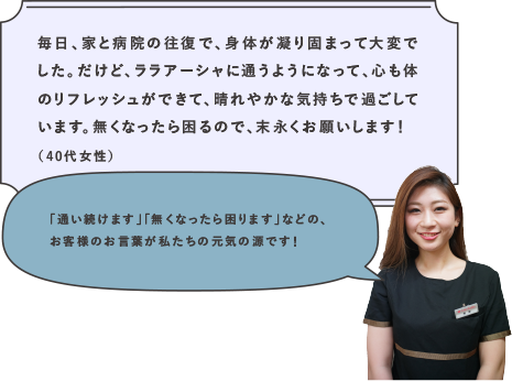 毎日、家と病院の往復で、身体が凝り固まって大変でした。だけど、ララアーシャに通うようになって、心も体のリフレッシュができて、晴れやかな気持ちで過ごしています。無くなったら困るので、末永くお願いします！（40代女性） | 「通い続けます」「無くなったら困ります」などの、お客様のお言葉が私たちの元気の源です！